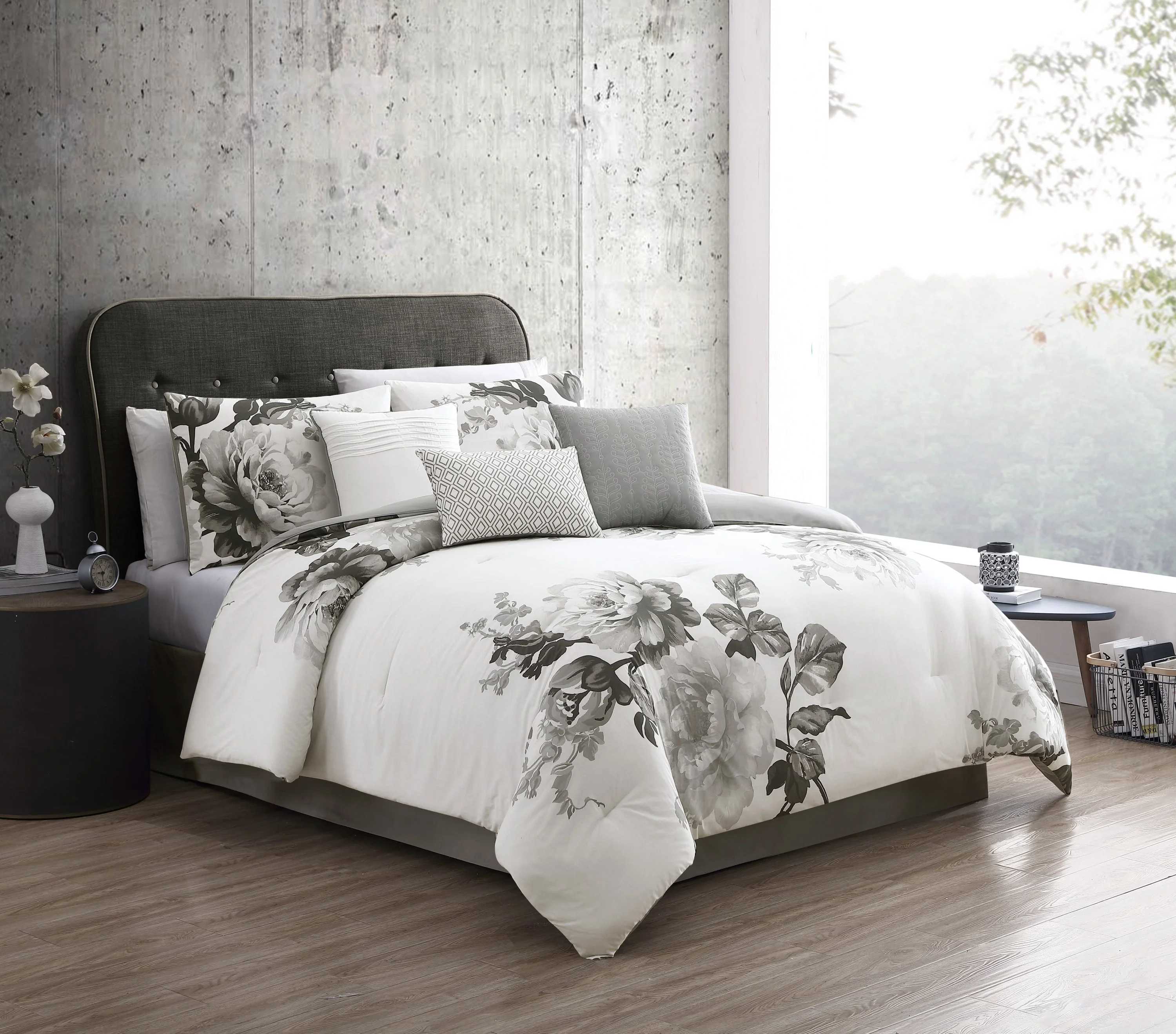 Genuine Ridgely 7 Pc Watercolor Black and White Floral Comforter Set Crafted