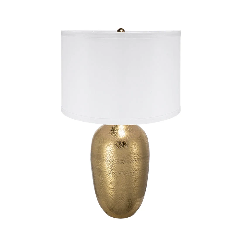 Advanced D15x25.7′ Round Aluminum Sheet Gold Table Lamp with White Fabric Shade Detailed