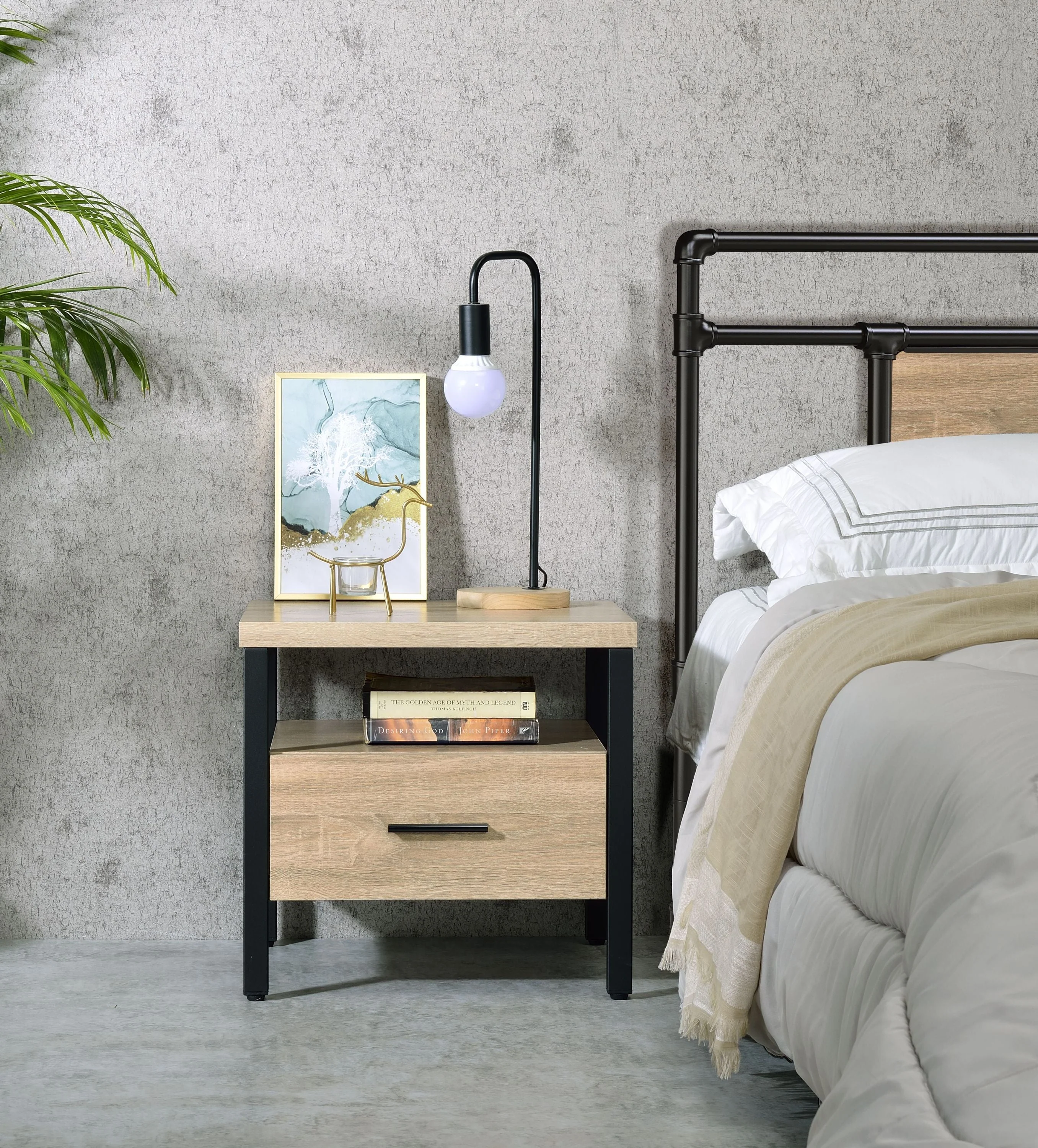 Smart Oak Finish Nightstand with 1 Drawer and 1 Shelf Powerful
