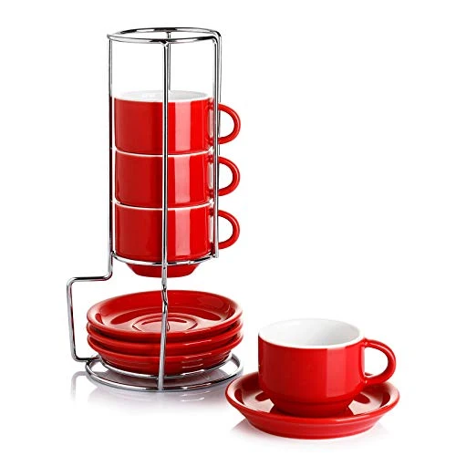 Secure 4 Ounce Porcelain Stackable Espresso Cups with Saucers and Metal Stand Set of 4 Convenient