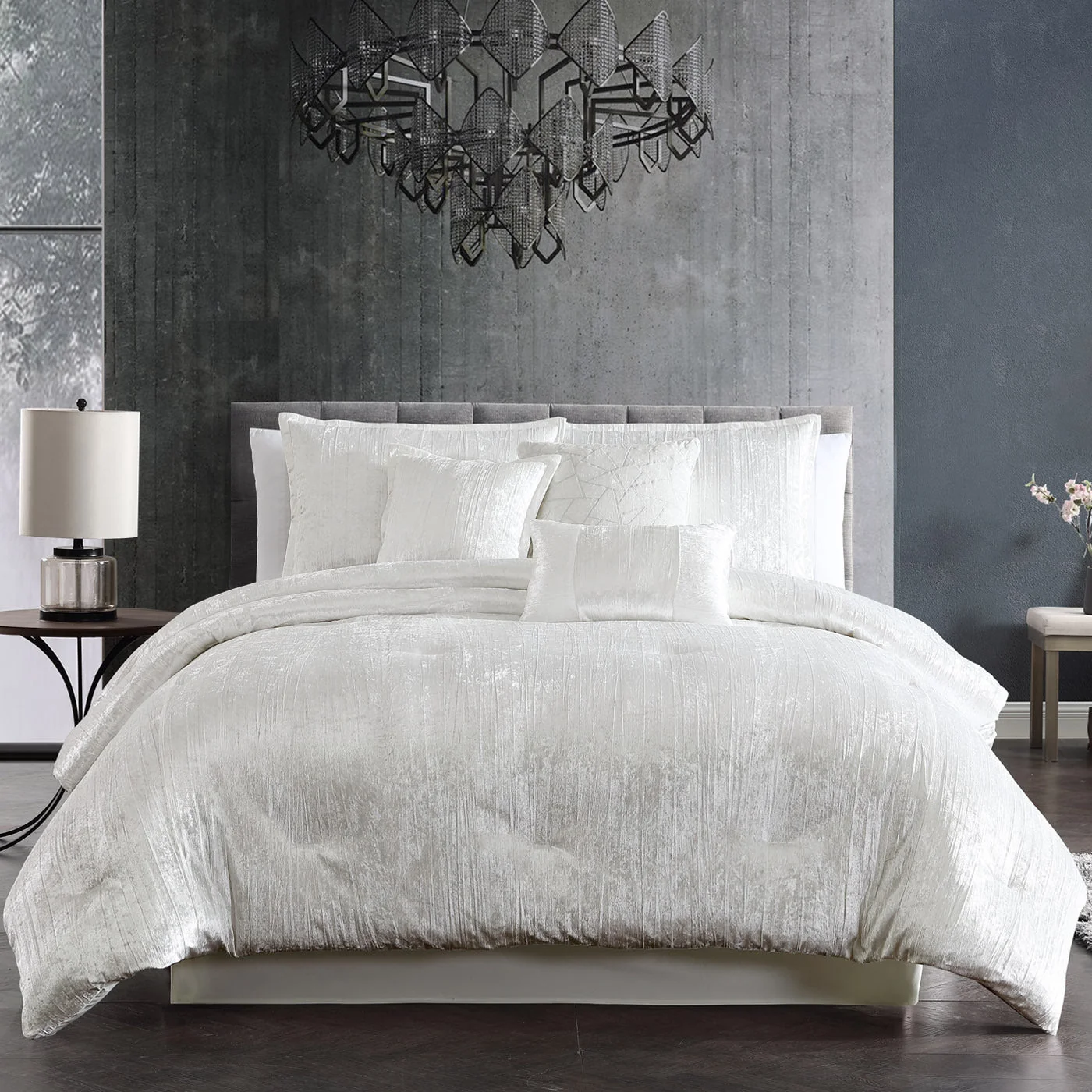 Original Design Turin 7 Piece White Crinkle Velvet Queen Comforter Ensemble Relaxed