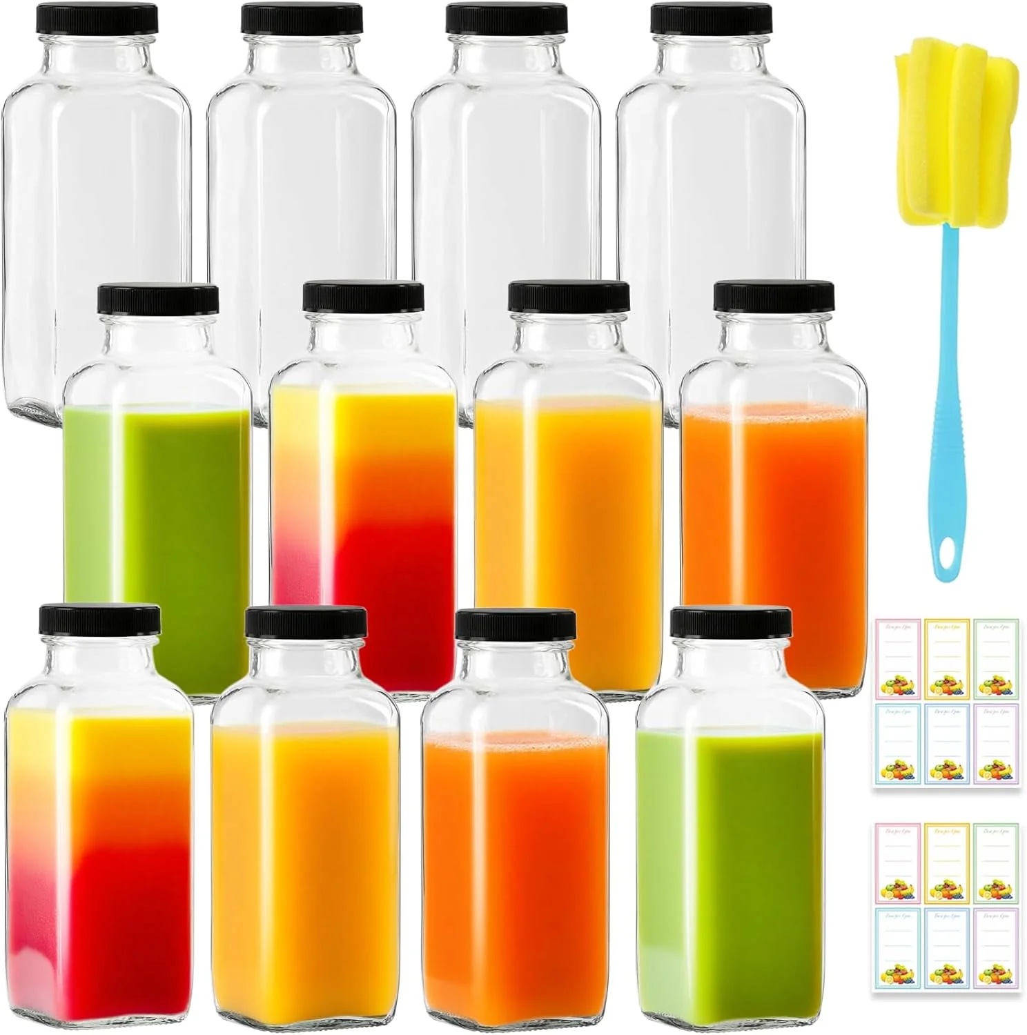 Specialty 12 Pack 12oz Glass Drink Bottles with Lids 360ml Vintage Glass Water Bottles with Caps Reusable Juice Containers Drinking Jars for Juicing Milk Safe