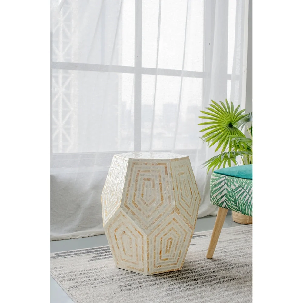 Elite 18x18x21 Hexagonal Capes Capiz Stool Cream Yellow Reusable