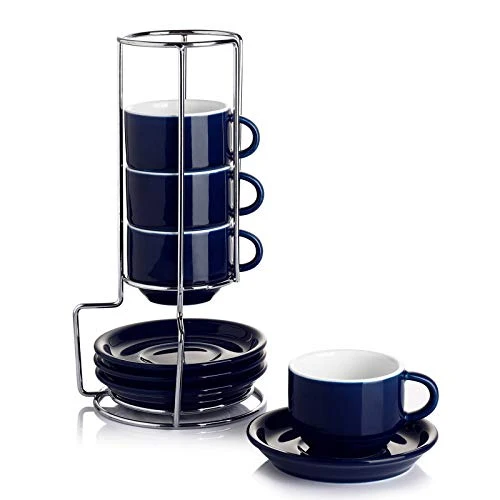 Selected 4 Ounce Porcelain Stackable Espresso Cups with Saucers and Metal Stand Set of 4 4 Count Expertly Made