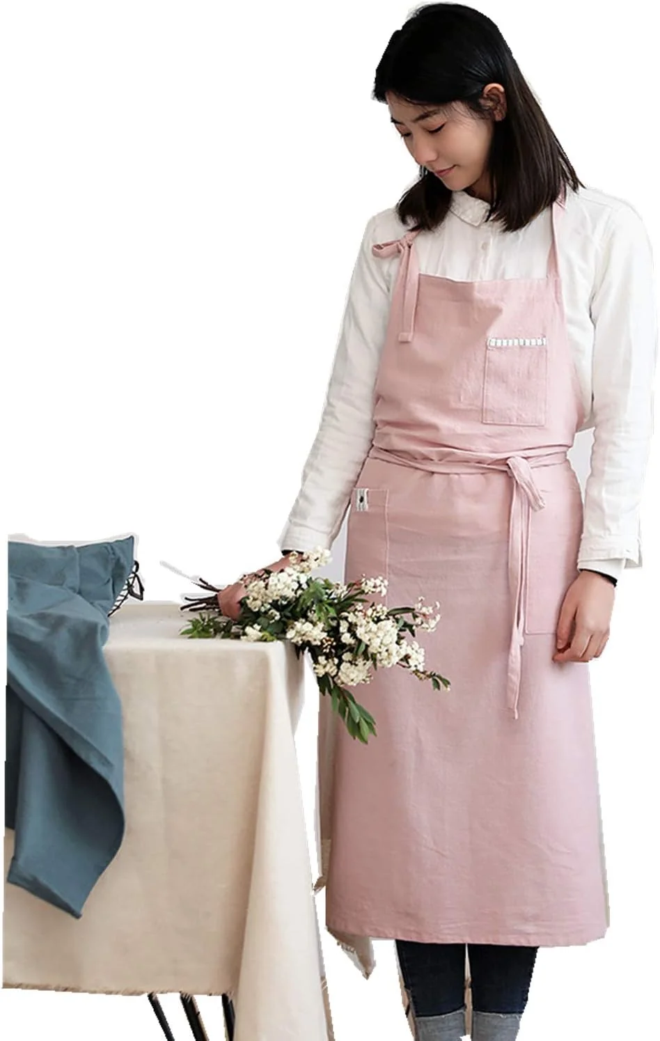 Clean Adjustable Japan Nordic Style Soft Cotton Linen Apron with Four Pockets A Towel Durable