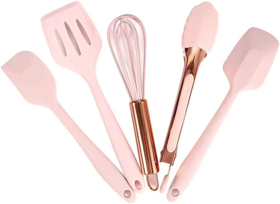 World-Class Rose Gold And Pink Kitchen Utensil Small Five-Piece Set Mini Silicone Kids Kitchen Tools Whisk Spatula Tongs Spoon And Slotted Spatula Kids Baking Premium Material