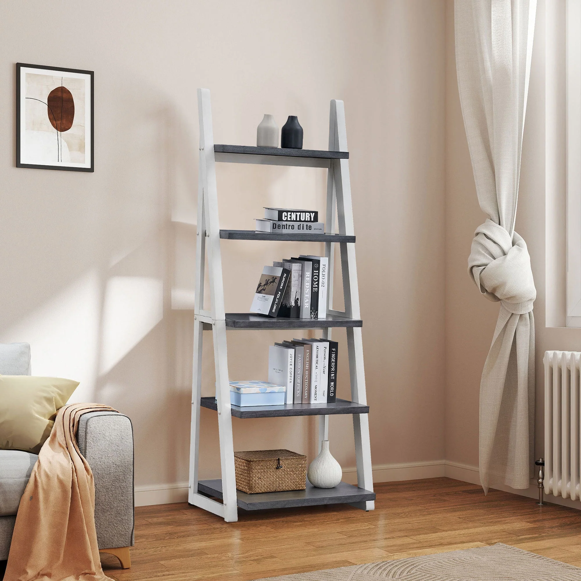 Outstanding 5-Tier Ladder Shelf with Rubber Wood Frame Dependable