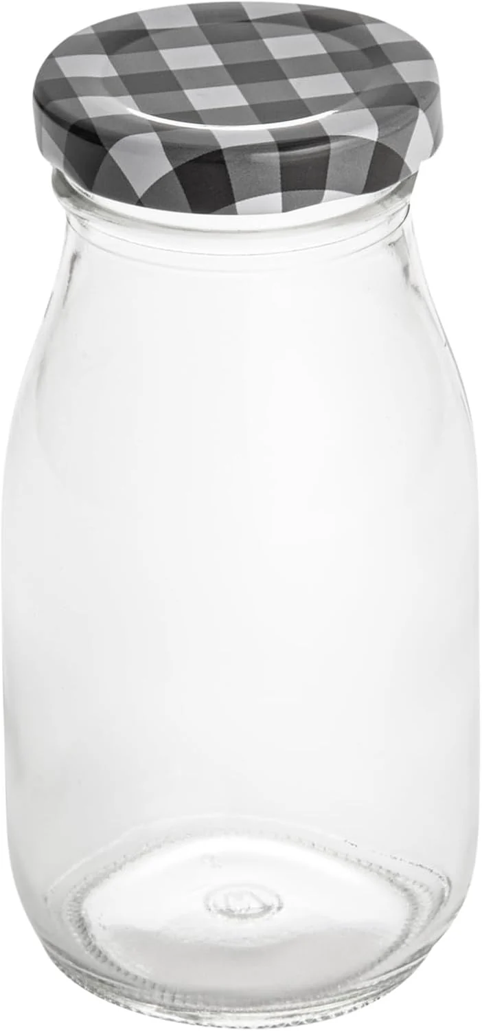 Organic Restaurantware-French Countryside 6 Ounce Glass Bottles 10 Durable Juice Bottles – With Black Plaid Lid Dishwashable Premium Material