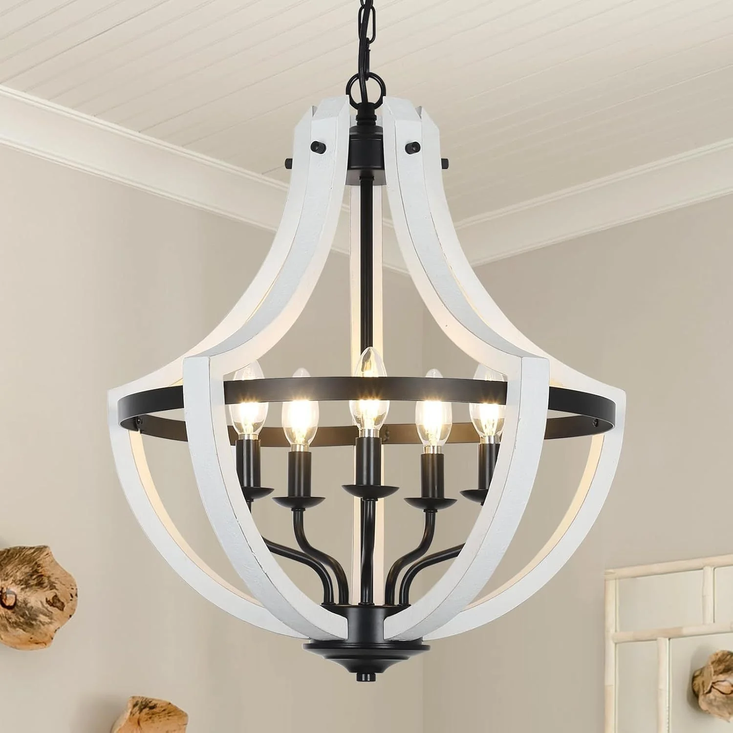 Elegant 5-Light Convertible White Wood Farmhouse Chandelier Premium Material