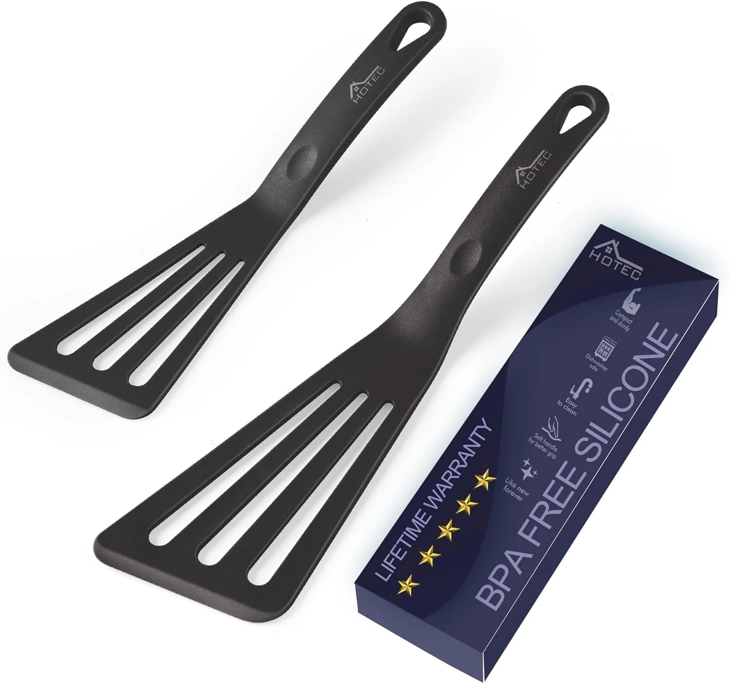 Elite Hotec 600℉ Heat Resistant Silicone Slotted Fish Turner Spatula Set BPA Flipper Cooking Spatulas for Non Stick Cookware Dishwasher Safe Black Original