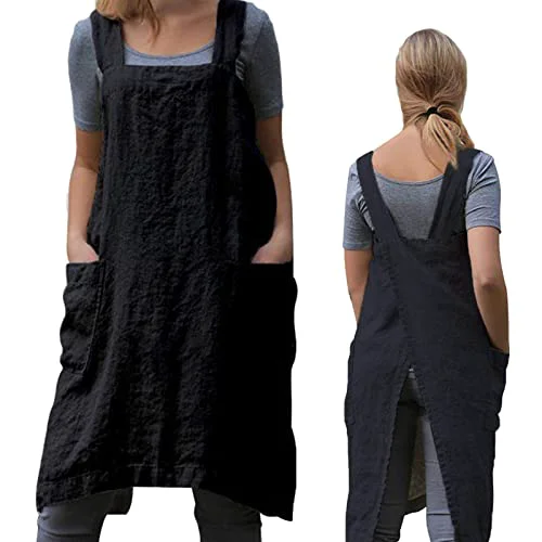 Premium Pinafore Cross Back Apron for Women with Pockets Natural