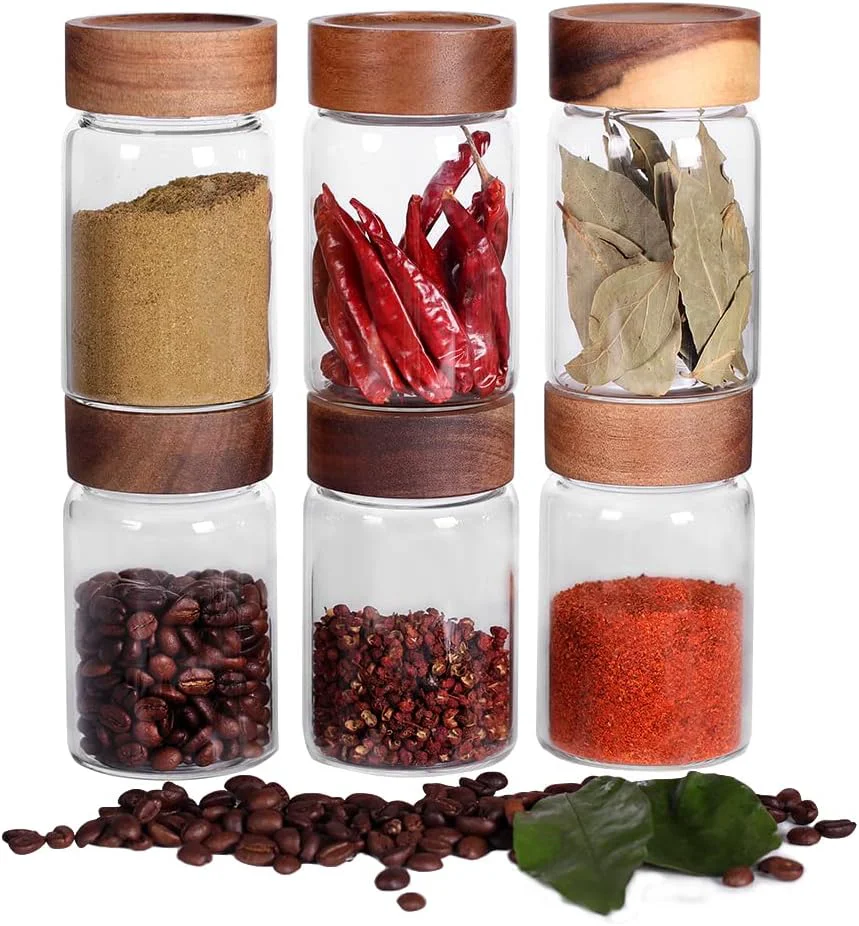 Original Saiool 6 Pcs Small Glass Spice Jars with Label High Sealing Threaded Mouth with Black Printed Spice Labels – 8.79oz 260ml 6 Contemporary