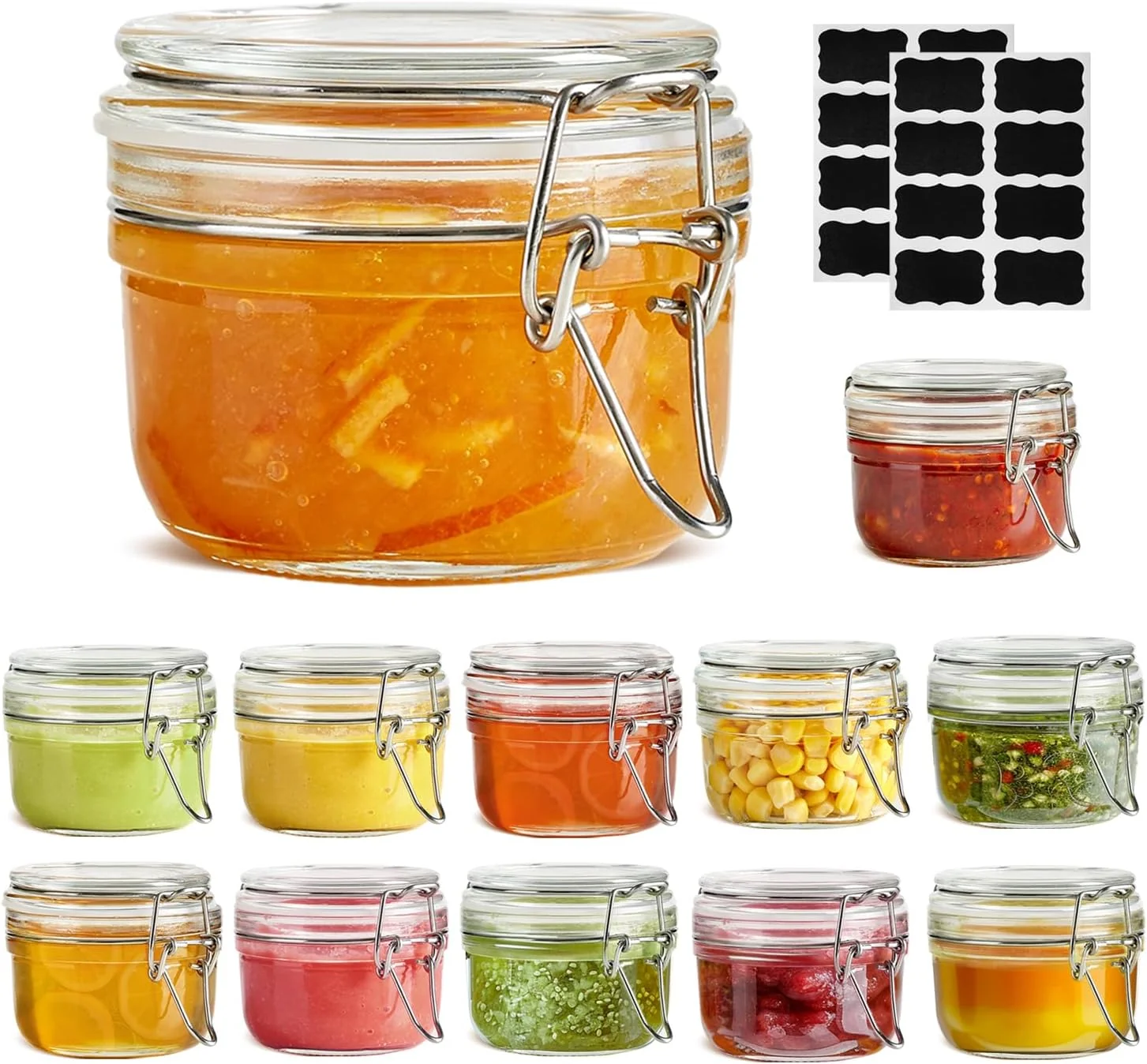 Soft ComSaf Small Glass Spice Jars with Airtight Lids 4 oz 12 Pack Mason Pantry Seasoning herbs powders Salt pepper chili Spice rack cabinet organization Wedding favors DIY crafts Minimalist
