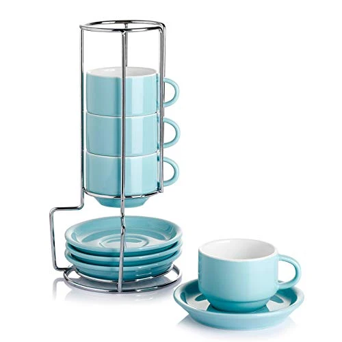 Reliable 4 Ounce Porcelain Stackable Espresso Cups with Saucers and Metal Stand Set of 4 4 Count Luxury
