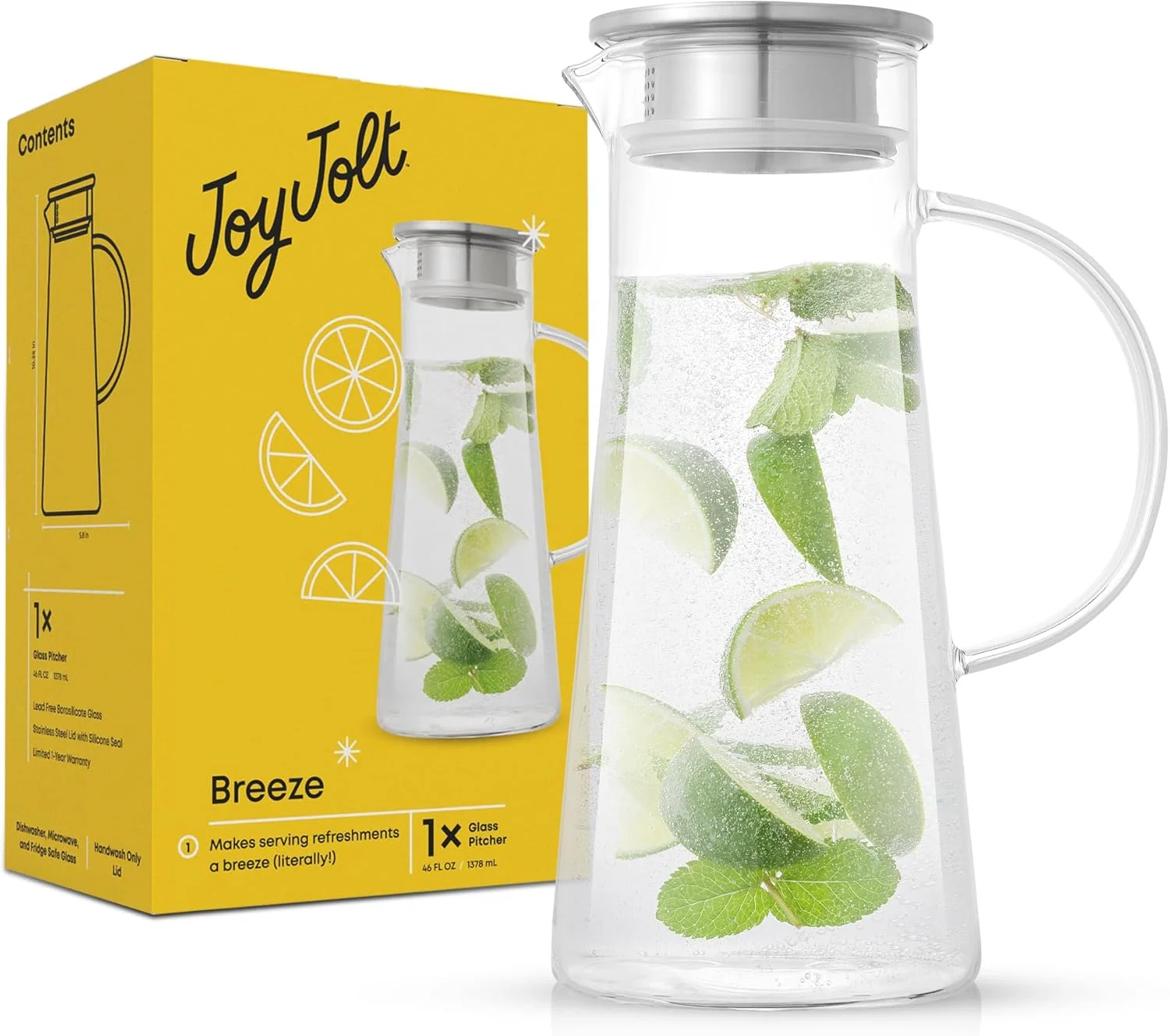 Carefully Designed JoyJolt Glass Pitcher with Lid – 50oz Borosilicate Water Carafe Jug with Stainless Steel Lid for Iced Tea Lemonade Juice Mixed Drinks Secure
