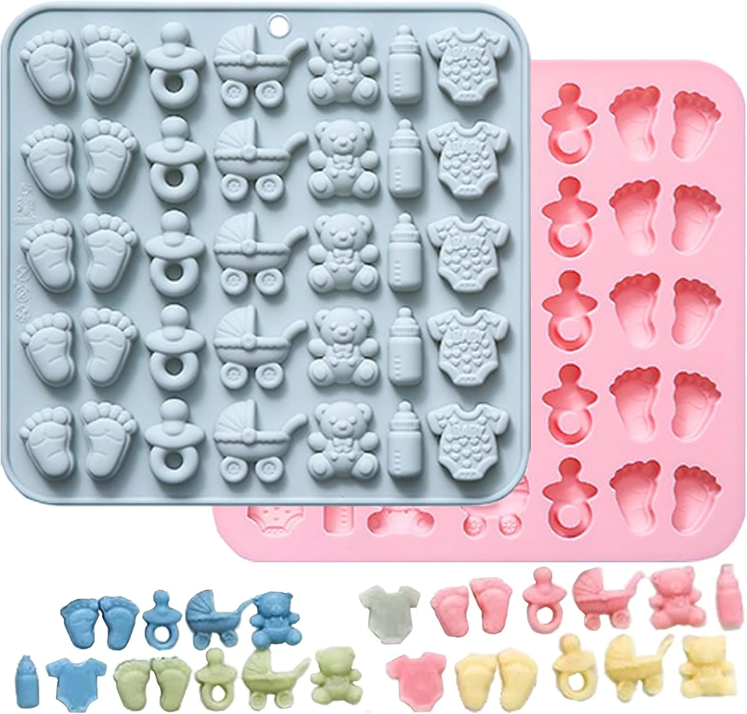 Exclusive Baby Chocolate Mold Set Silicone Baking Molds with Footprint Stroller Reusable for Newborn Cakes Diaper Party Treats Baby Favors – 2 Pack Green