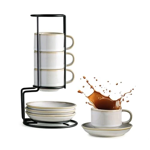 Consistent 2.5 Ounce Espresso Cups Set of 4 with Saucers Metal Rack 8.25 Count Contemporary