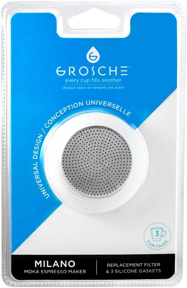 High-End Grosche Milano Stovetop Espresso Maker – 3 Espresso Cup Size Silicone Gasket Seals 3 Seals 1 Filter Screen Kit for Moka Advanced