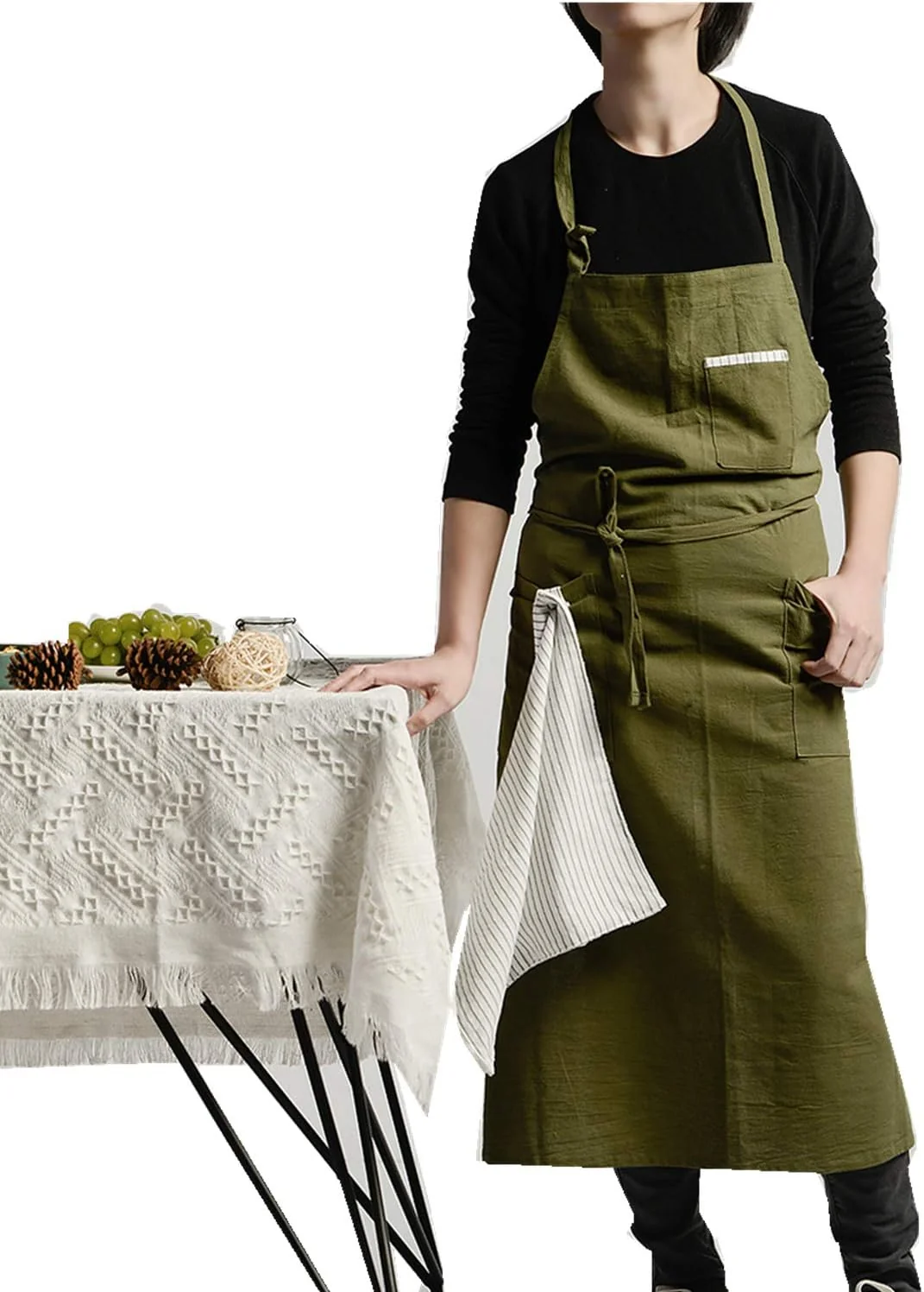 Exceptional Adjustable Japan Nordic Style Soft Cotton Linen Apron with Four Pockets A Towel Premium Material