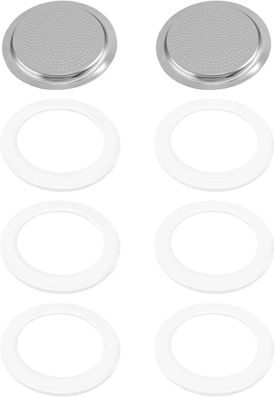 Official 6 Pieces Moka Pot Cup Gasket with 2 Pcs Stainless Filter Silicone Moka Express Seals Funnel Kits Compatible Espresso Coffee Refined