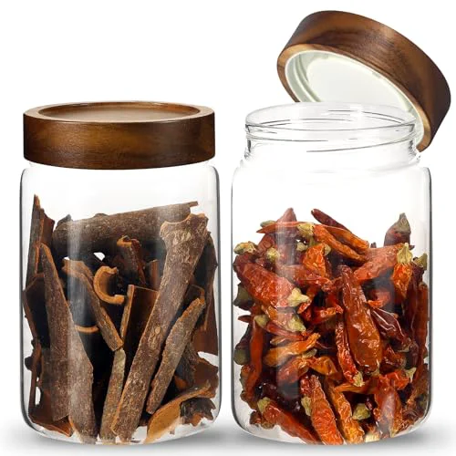 Fashionable Airtight Glass Jars with Wooden Lid Glass Spice Jar Round Glass Storage Canister for Pantry Sugar Tea Coffee Bean Nuts Cookies Bath Salts Contemporary