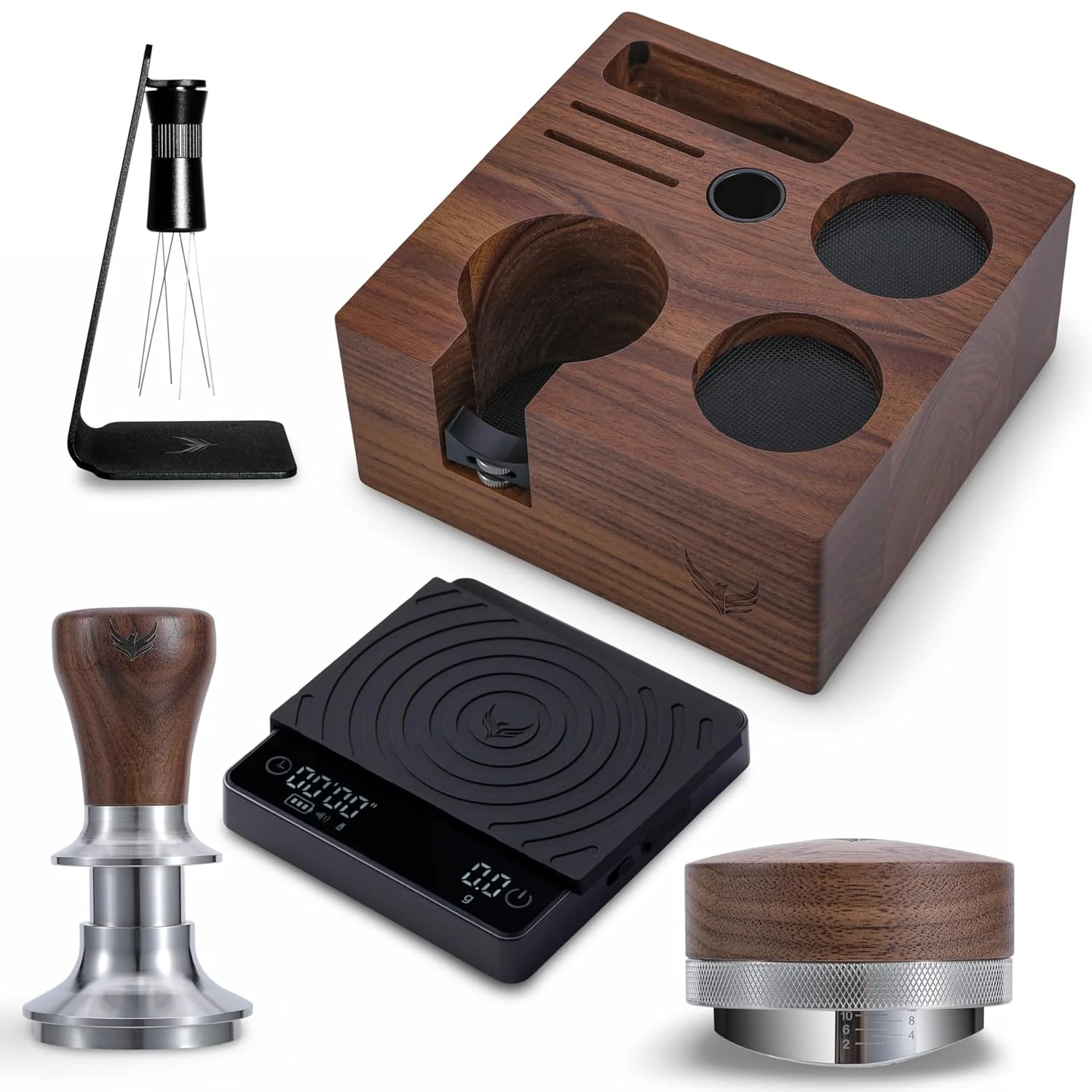 Quality 54mm Espresso Tool Set for Breville Machines – Walnut Espresso Organizer Spring Loaded Self Leveling Tamper Distribution Tool Functional