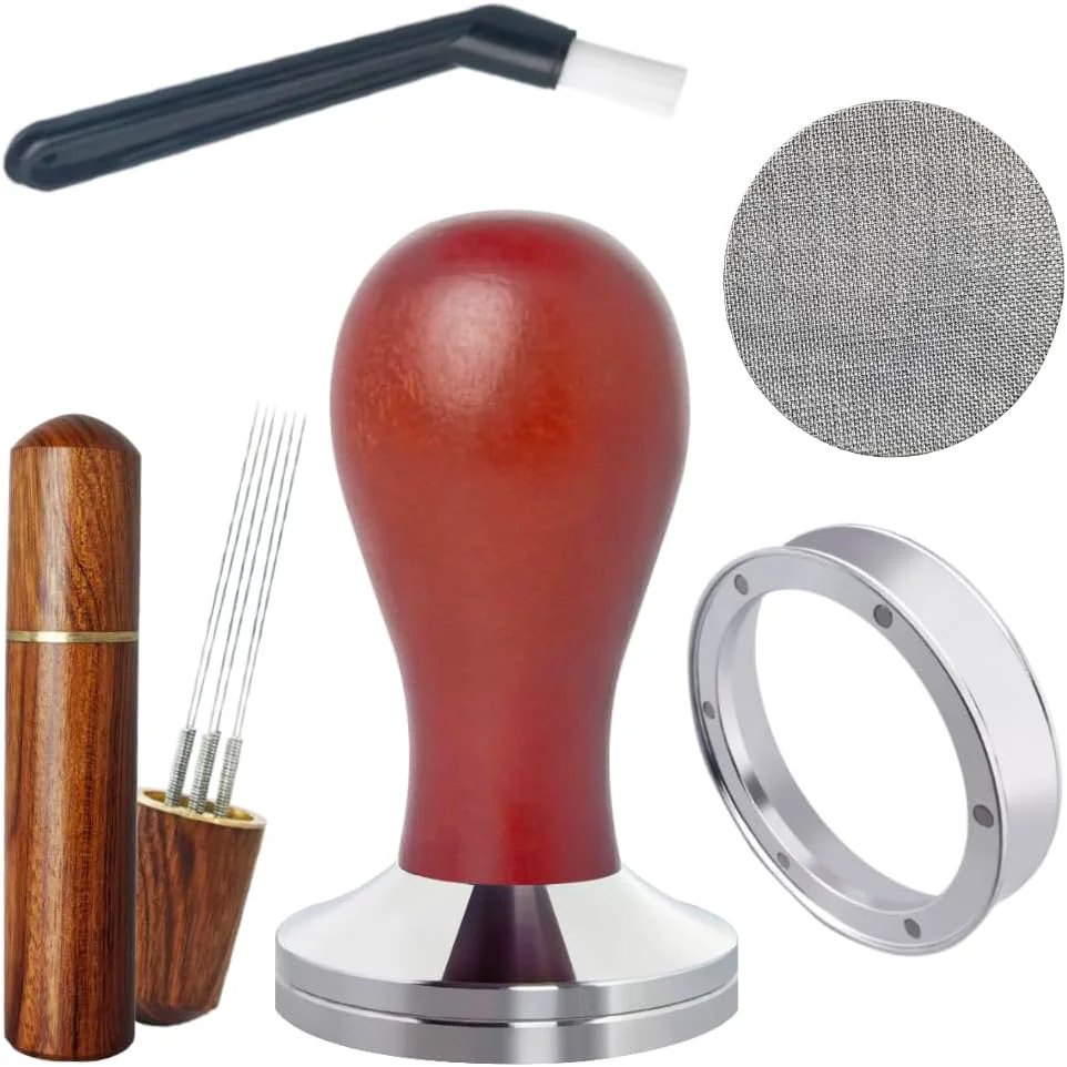 Eco-Friendly 5Pcs Set Espresso Tamper 51mm Accessories Kit 51mm Coffee Tamper Espresso Tools Set with WDT Tool Puck Screen Dosing Funnel Comfortable