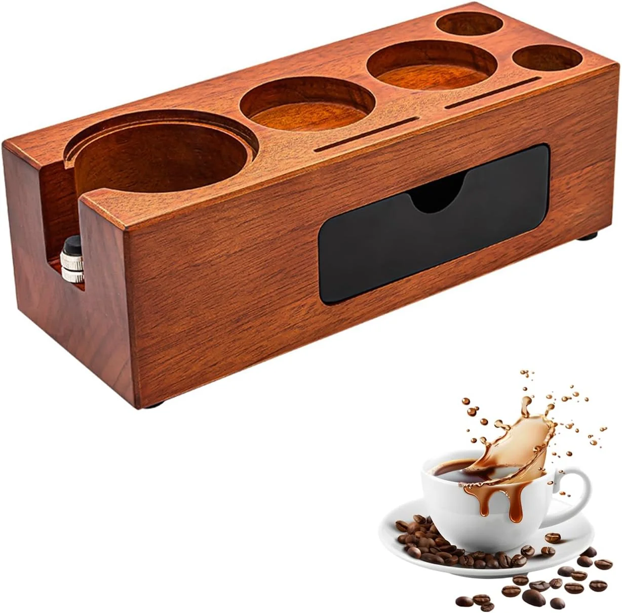 Optimized Espresso Tamping Station Wood Knock Box Drawer Organizer Combo Compatible with 51-58mm Portafilter and Tamper for Home Baristas Coffee Stations Secure