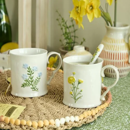 Excellent 2 Pack Floral Ceramic Coffee Mugs Natural