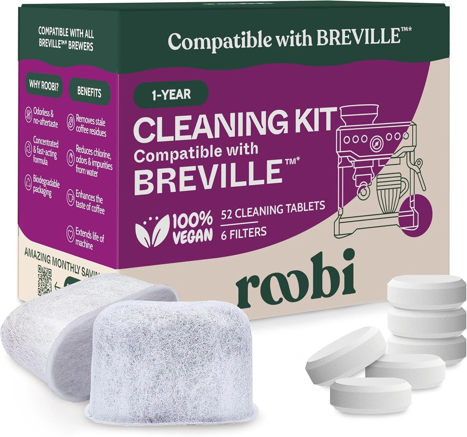 Reusable Breville Compatible Espresso Machine Cleaning Maintenance Kit. Includes 52 Breville Cleaning Tablets and 6 Water Filters. Carbon Neutral Top-Quality