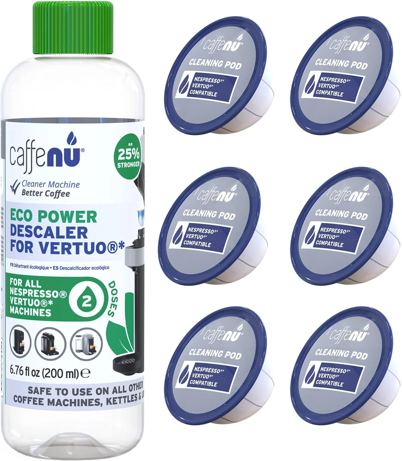 Powerful Caffenu Descaling Kit Compatible with Nespresso Vertuo 2 Uses Descaling Solution and 6 Cleaner Pods. Removes Limescale Cleans Pod Area Fast