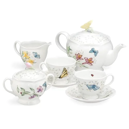 Authentic Butterfly Meadow Porcelain Teapot and Tea Cup Set 7 Count Official