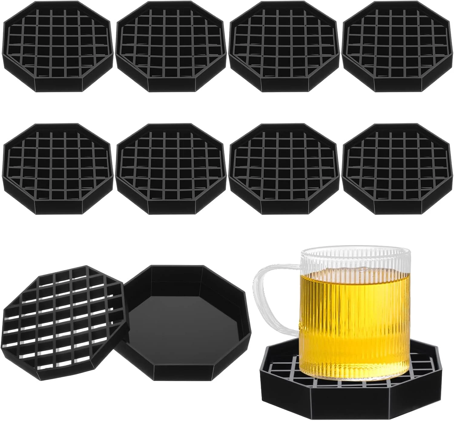 Original 8 Pcs Octagon Drip Tray with Honeycomb Grid 4 Inch Black Plastic Drip Trays for Coffee Countertop Drink Dispenser Tea Wine Beverage Efficient