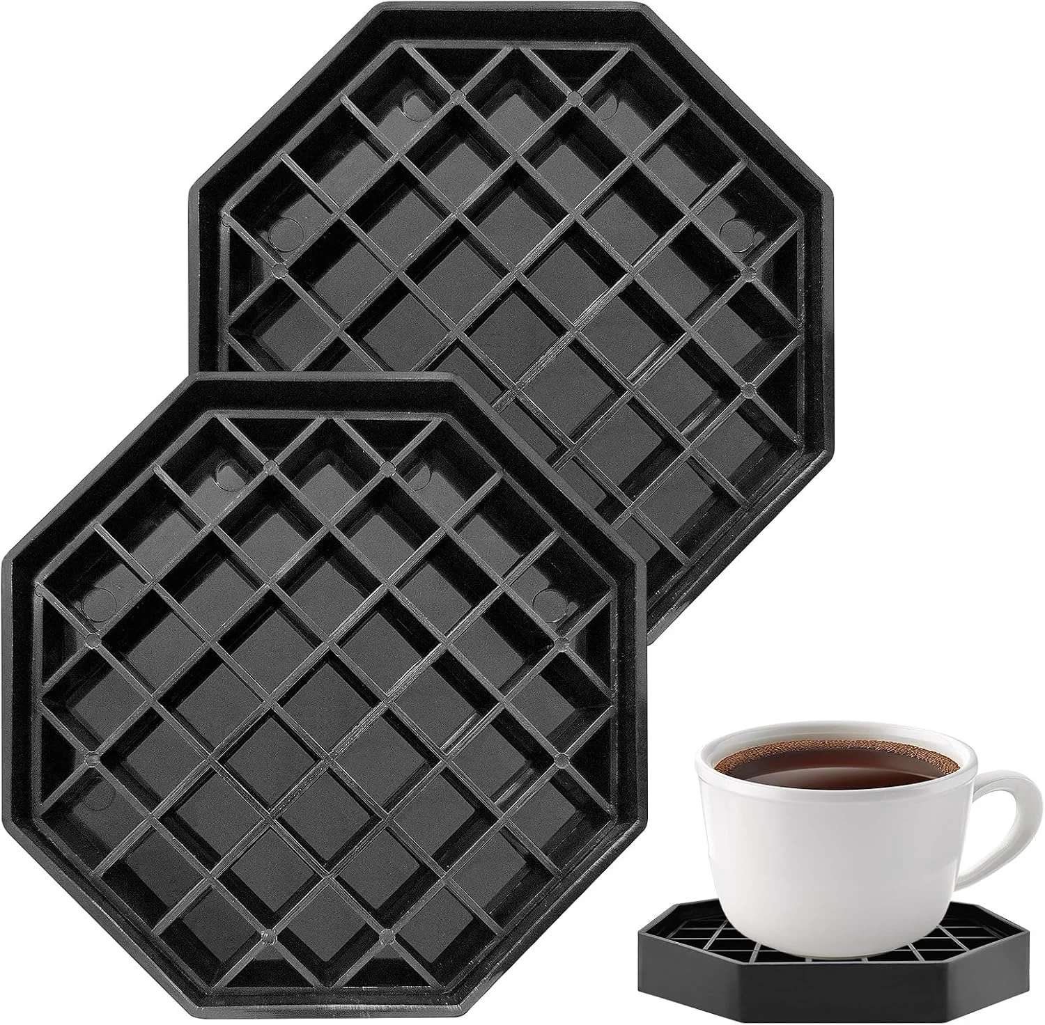 Modern 2 Pcs 4 Inch Drip Tray Coffee Countertop Tray Black Plastic Spill Octagon Drip Coaster with Honeycomb Grid for Drink Tea Wine Beverage Trusted