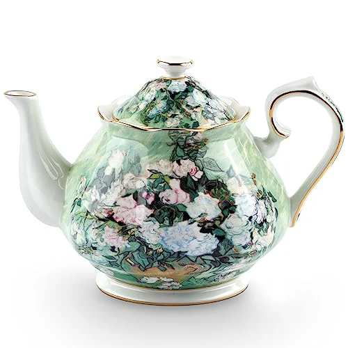 Stylish Teapot 30 oz Vangogh Paintings Bone China Loose Tea Pot Floral Design Vintage Ceramic Coffee Water Pot European Style Porcelain 30 Ounce Casual