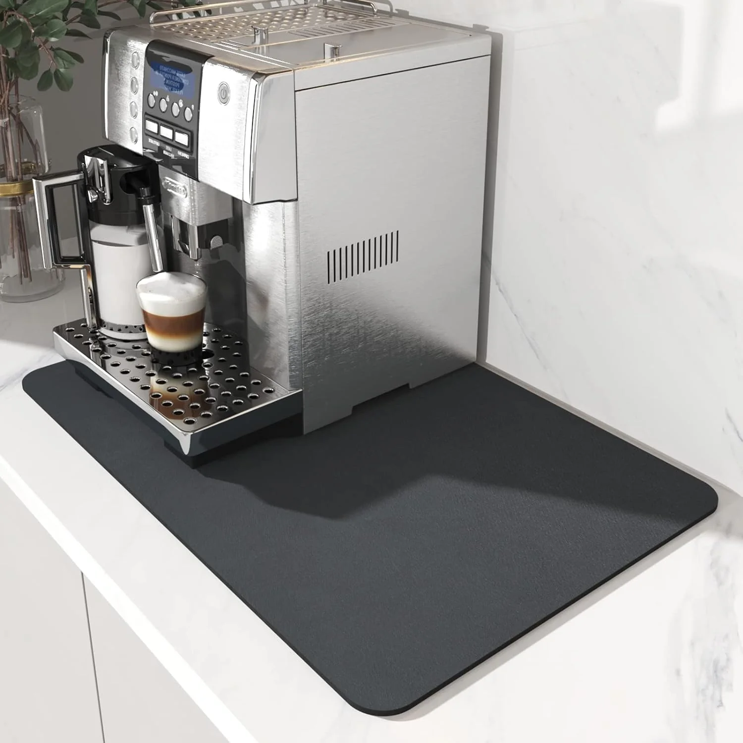 Superior AMOAMI Coffee Mat Dish Drying Mat for Kitchen Counter-Bar Accessories Hide Stain Rubber Backed Absorbent Fit Under Coffee Maker Espresso Machine Pot Dish Rack 12 x19 Dark Grey Premium