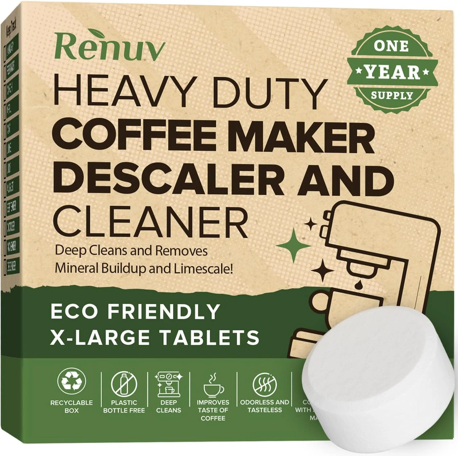 Lightweight Renuv Coffee Maker Cleaner Descaler Tablets 12 Uses for Keurig Ninja Breville Delonghi Nespresso Miele Jura Mr Coffee Traditional