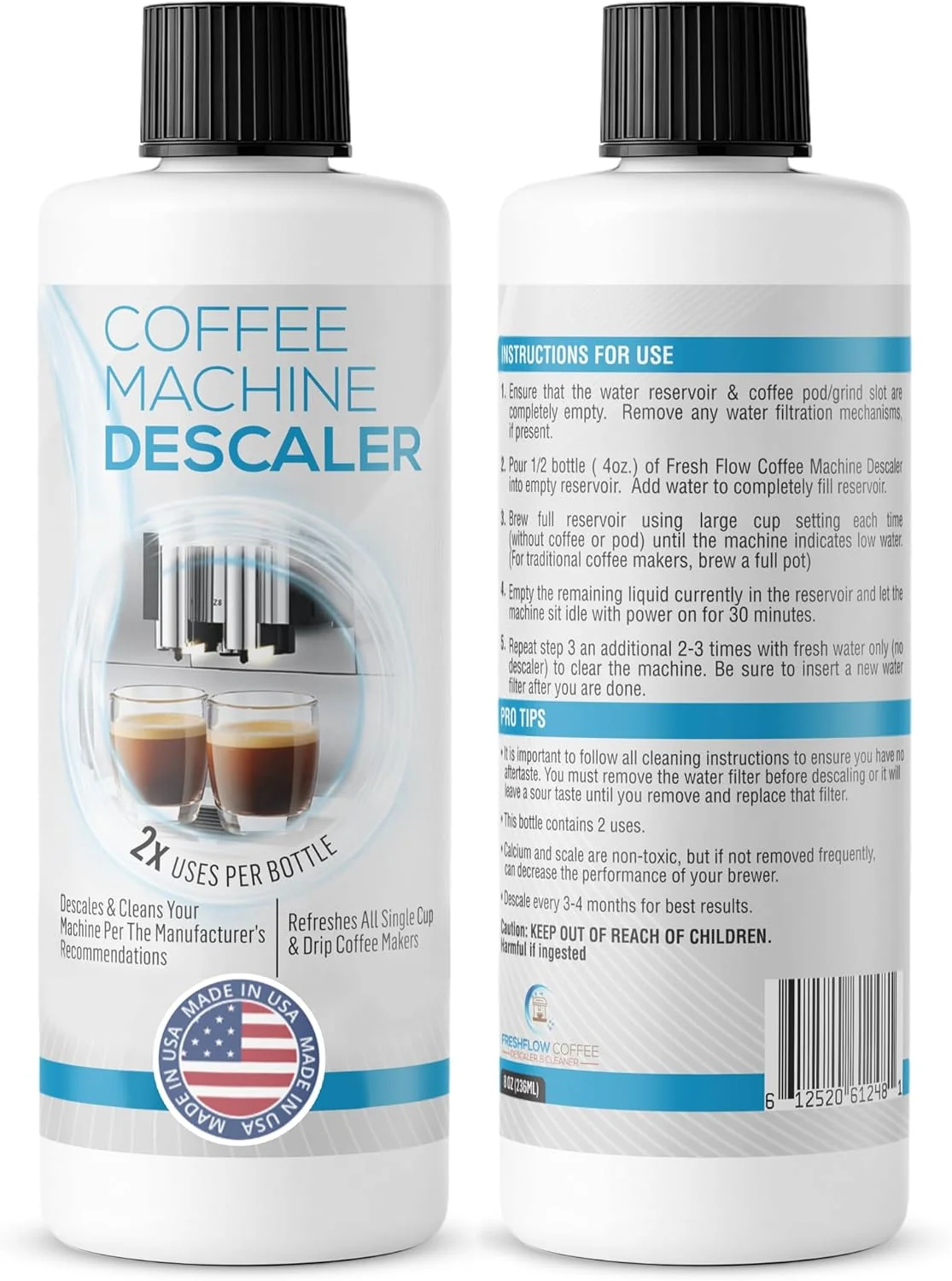 Elite Descaling Solution for Coffee Espresso Machines – 2 Bottle Pack 4 Uses – Universally Compatible Descaler Cleaner for Keurig Breville Nespresso Modern