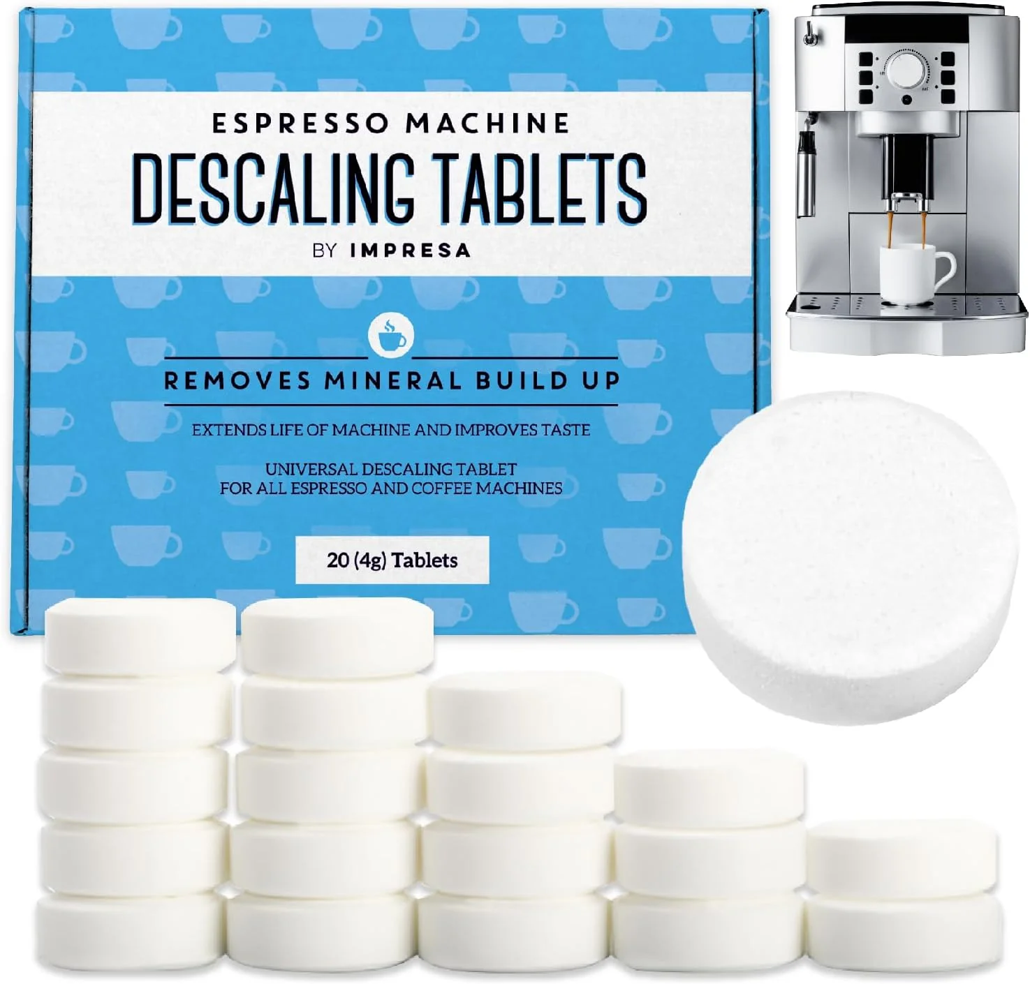 Easy-to-Use IMPRESA Descaling Tablets for Espresso Machine – Compatible with Breville Jura Miele Machines – 20 Pack 4g Tablets – Remove Limescale Mineral Build-Up Crafted