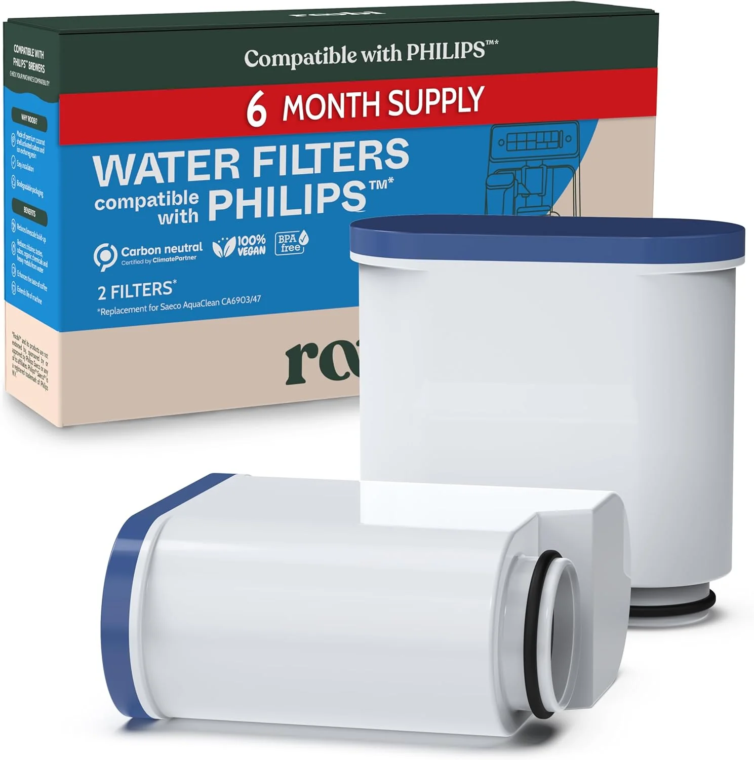 Convenient Roobi Philips Compatible Water Filters. Specially Designed for Saeco Coffee Machines Carbon Neutral Aqua Clean Water Filters. 2 Pack 6 Months Supply Official