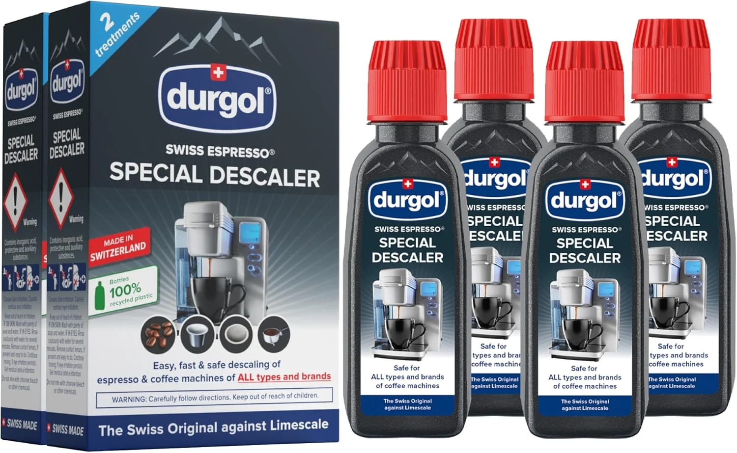 Green Durgol Swiss Espresso Descaler and Decalcifier for All Brands of Espresso Machines and Coffee Makers 4.2 Fluid Ounces Pack of 4 Long-Lasting
