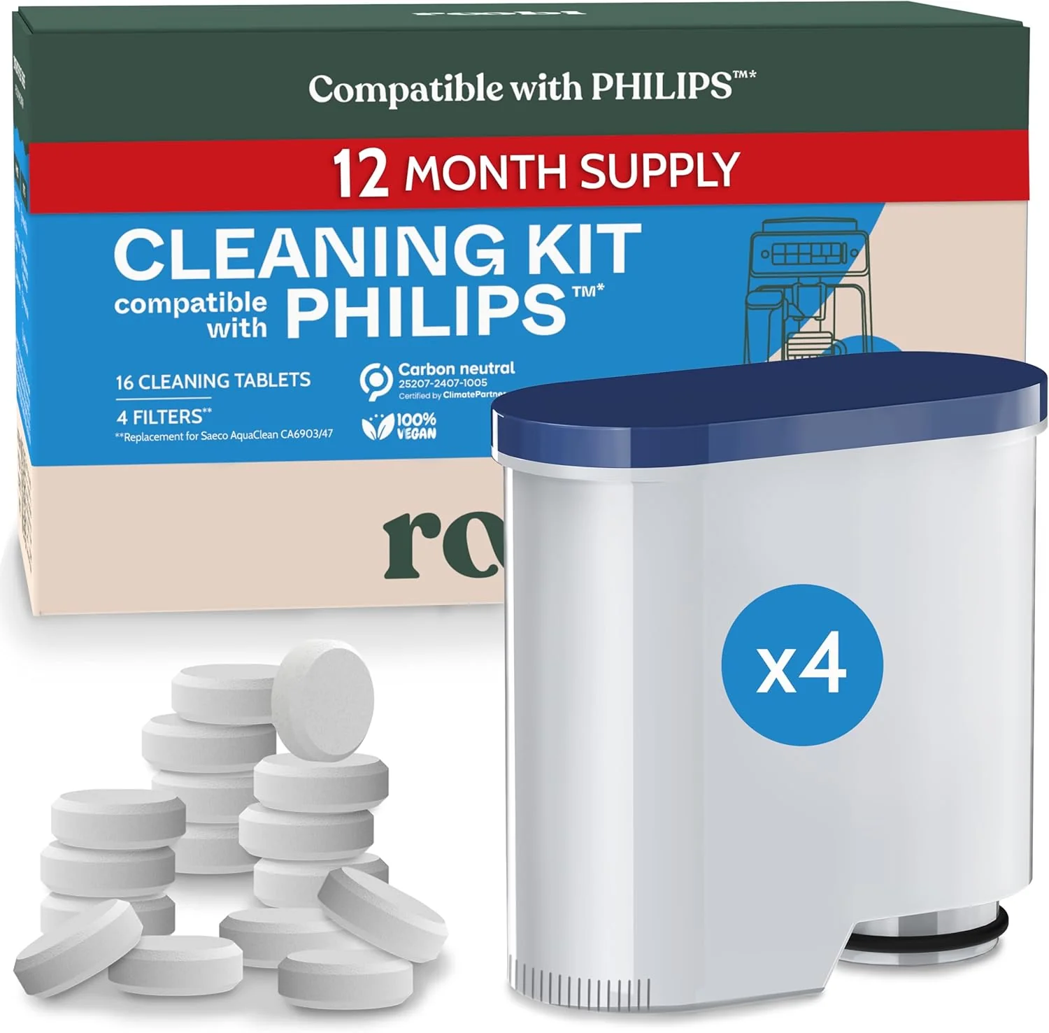 Practical Roobi Cleaning Tablets Filters Compatible with Philips. Includes 16 Espresso Cleaning Tablets 4 Water Filters Reliable
