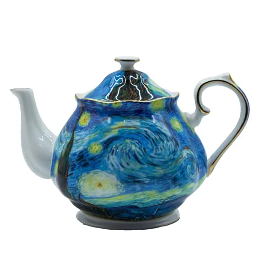 High-Performance Teapot 30 oz Vangogh Paintings Bone China Loose Tea Pot Floral Design Vintage Ceramic Coffee Water Pot European Style Porcelain 30 Ounce Fast