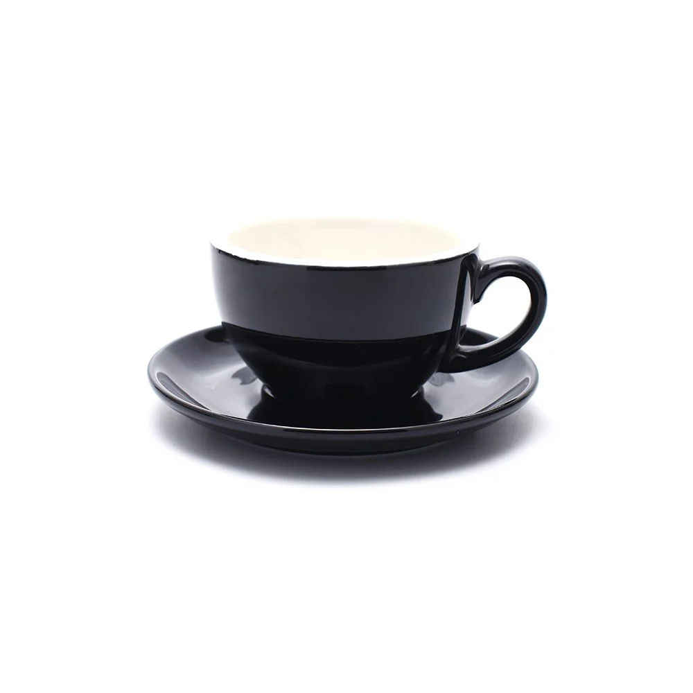 Clean Pour Coffee Cup and Saucer Small Cappuccino and Double Espresso Ceramic Coffee Cups for Coffee Shop and Barista Glossy Black 5 oz Trendy