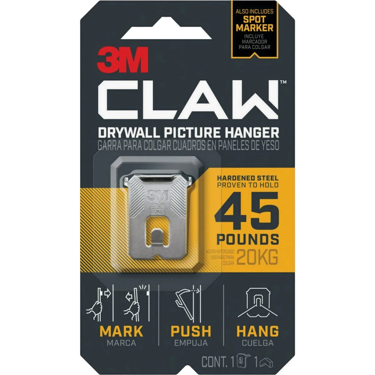Carefully Designed 3M Claw 45 Lb. Drywall Picture Hanger with Temporary Spot Marker 1 Hanger 1 Marker Effective