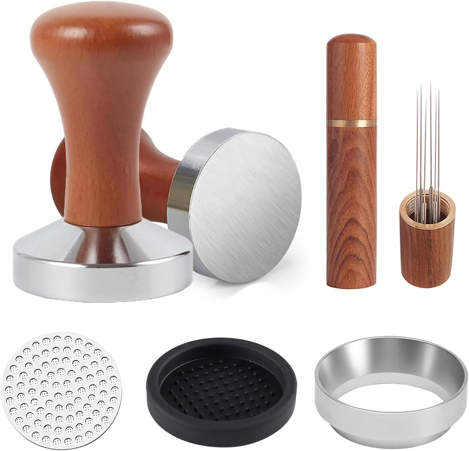 Natural 58mm Espresso Accessories Kit Wdt Tool Espresso Solid Espresso Tamper Coffee Puck Screen and Dosing Funnel Silicone Tamper Mat Official