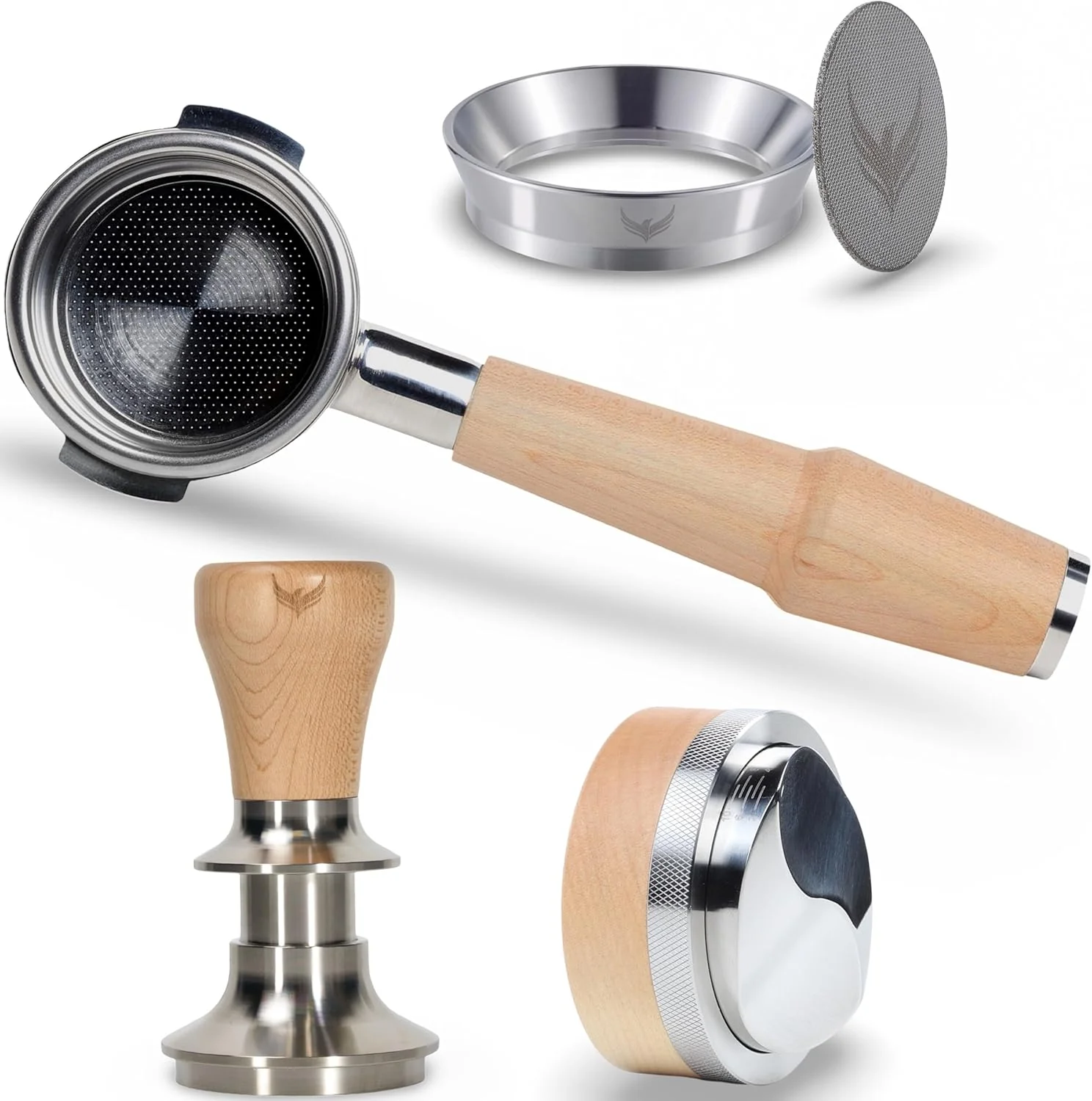 Green Espresso Accessories Kit 58mm for E61 Group Head Bottomless Portafilter Calibrated Tamper Dosing Funnel with Puck Filter and Espresso Distributor Responsible