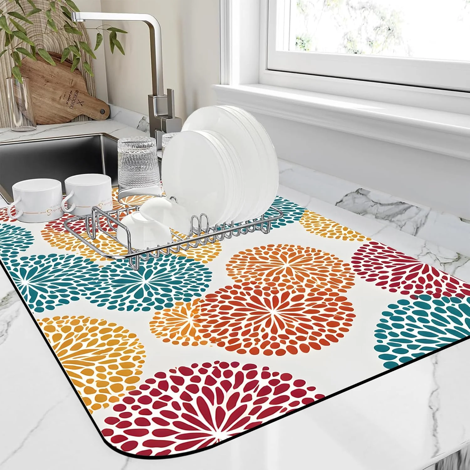 Superior Abstract Floral Elements Dish Drying Mat Artifical Floral Kitchen Mat 12 x19 Bsorbent Coffee Maker Mat for Dishes Clean