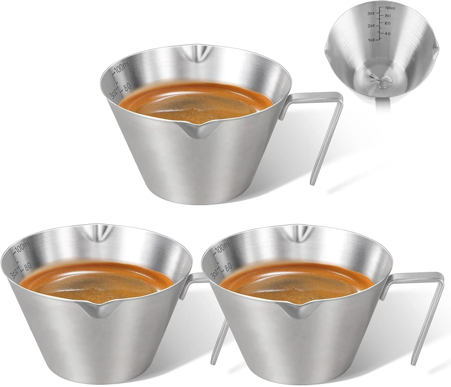 Optimized 3 Pc Stainless Steel Espresso Shot Cups 3.4oz 100ml Silver Double Spout Measuring Cups with Handle V-Shaped Mouth I for Espresso Brewing and Coffee Making Detailed