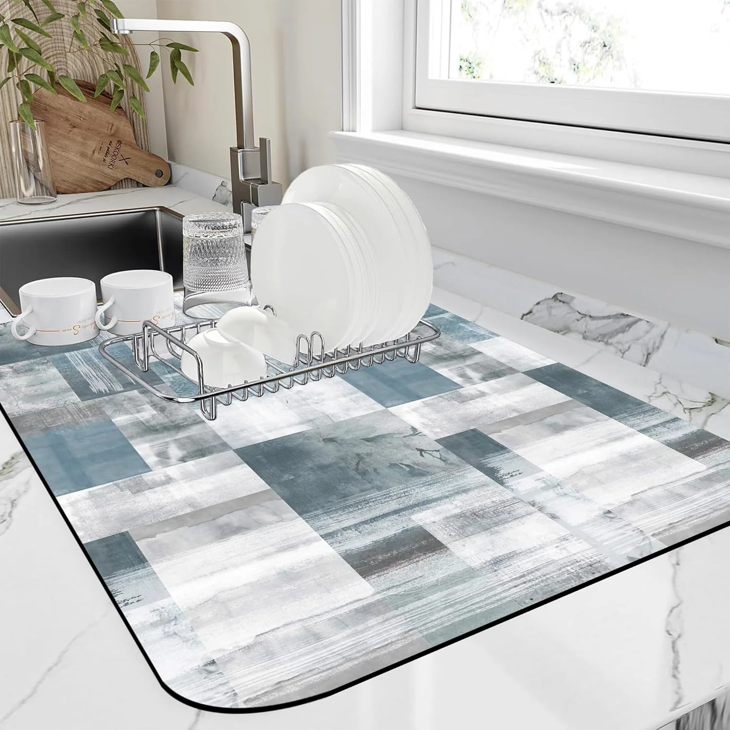 Dependable Dish Drying Mat Blue Grey Abstract Art Dish Drying Pad 16 X24 Bsorbent Coffee Mat for Sink Dishes or Under Rack Kitchen Counter Accessories High-Performance